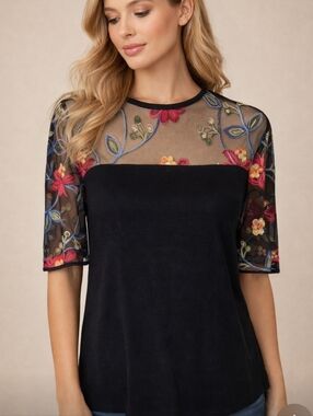 pebble and stone Black Top with Multicolor Floral Embroidered Mesh Yoke